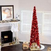 150cm Pop Up Christmas Tree,Collapsible Christmas Tinsel Tree Artificial Tree Christmas Decoration for Holiday Home Office Party Color Red