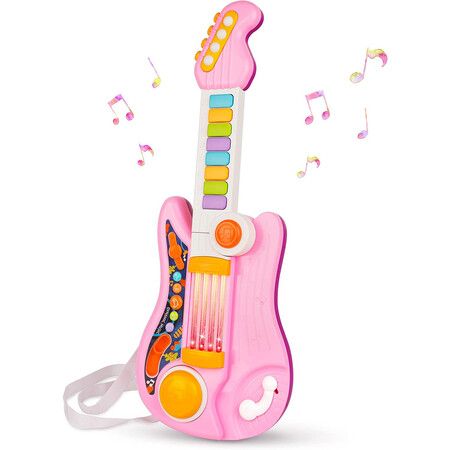 2 in 1 Musical Instruments Piano Toy Electric Guitars with Strap Music Toys for Boys Girls Gifts (Pink)
