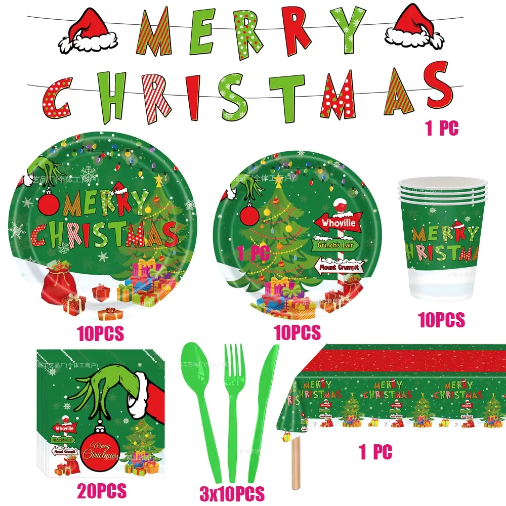 82Pcs Christmas Theme Grinch Party Tableware Set Paper Plates Cups ...
