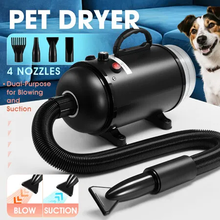 Dog Hair Dryer Vacuum Pet Cat Grooming Kit 4 Nozzles Hairdryer Blower Adjustable Blow Speed Temp Control Negative Ion Blaster Heater Low Noise 2200W