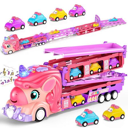Unicorn Toys Truck, 6 Princess Cars and 2 Players Fold Out Track with Light and Sound Toys Birthday Gifts for 3, 4, 5, 6, 7 Year Old Toddler Girl