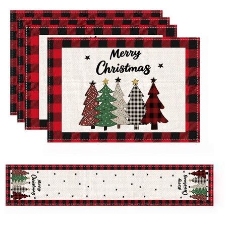 4 Christmas Placemats And 1 Table Runner,Washable Wipeable Polyester Table Runner Placemat,For Kitchen Dining Table Christmas Party Decor