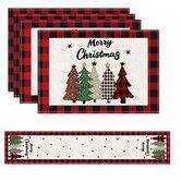 4 Christmas Placemats And 1 Table Runner,Washable Wipeable Polyester Table Runner Placemat,For Kitchen Dining Table Christmas Party Decor