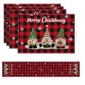 4 Christmas Placemats And 1 Table Runner,Washable Wipeable Polyester Table Runner Placemat,For Kitchen Dining Table Christmas Party Decor