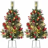 Set of 2 Outdoor Pathway Christmas Trees with Lights,76cm Prelit Battery Operated Artificial Xmas Tree Holiday Decor