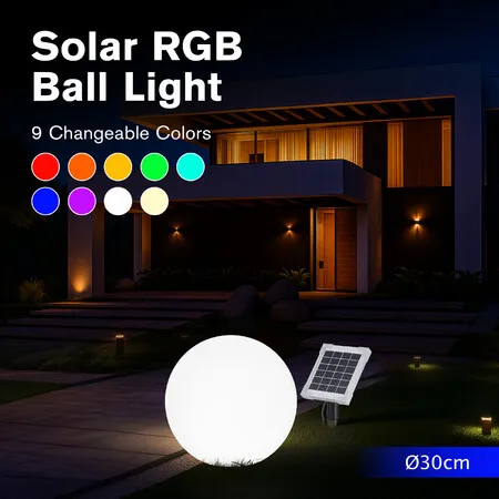 Solar LED Ball Light Full Moon RGB 9 Colour Changing Lighting Globe Outdoor Garden Backyard Pathway Party Energy Powered Waterproof Lamp Decor 30cm