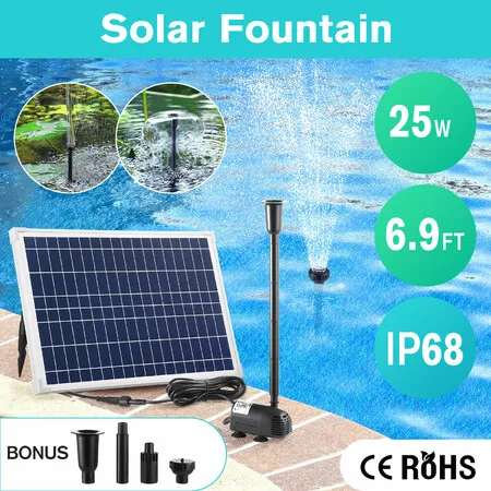 Solar Fountain Pump Panel Kit Submersible 25W Energy Powered Water Feature Outdoor Indoor DIY Bird Bath Fish Tank Pond Pool Garden Decoration Nozzles