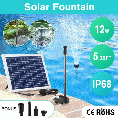 Solar Fountain Water Feature Pump Kit 12W Submersible Panel Waterfall Bird Bath Fish Pond Pool Garden Decoration Energy Powered Nozzles Outdoor Indoor