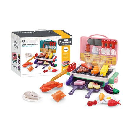 Cooking Simulator Toy with Color Changing Accessories, 31 PCS Fun BBQ Kit Gourmet Cooking Box Toys for Boys Girls Age 3 to 8, Pink