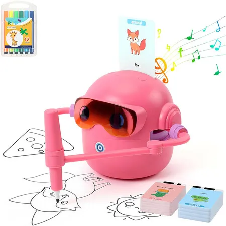 Drawing Robot for Boys Girls Montessori Painting Toys for 3 4 5 6 7 8 Year Old, Voice Interactive Educational Drawing Machine with 100 Cards, Pink