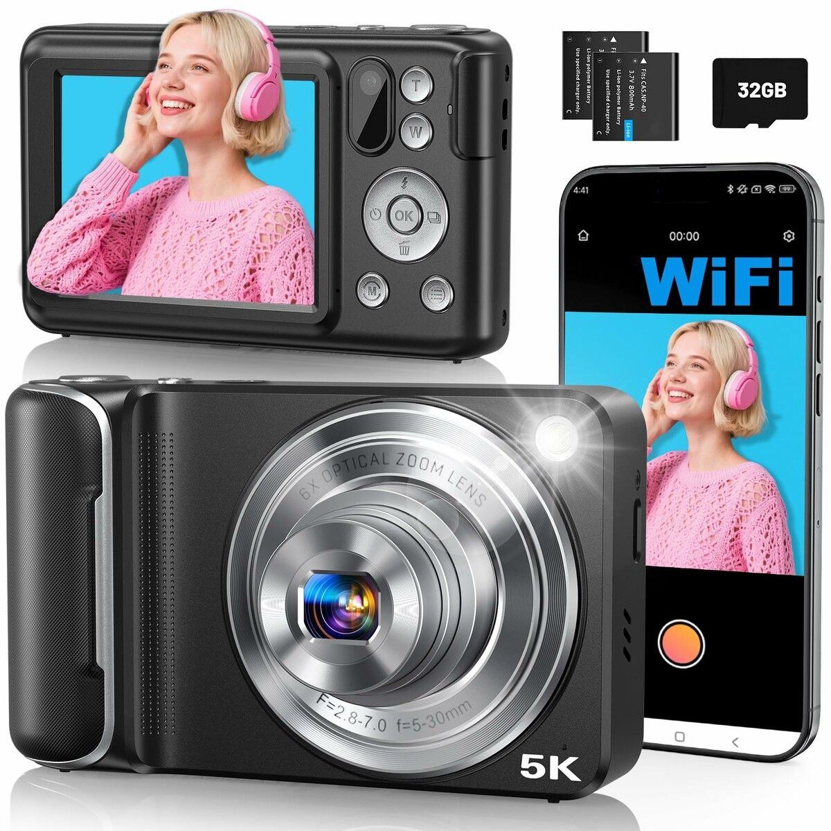 5K Digital Camera for Photography,64MP Touchscreen WiFi Camera with AF 6X Optical & 16X Digital Zoom,Dual-Lens Vlogging Camera,Compact Camera with Flash