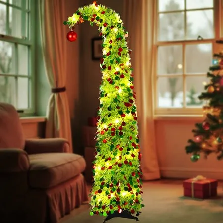1.5M Christmas Decorations Pop Up Tilted Neck Tree Tabletop Ornament Set Xmas Holiday Party Scene Props Christmas Birthday Gift include 8cm BALLS