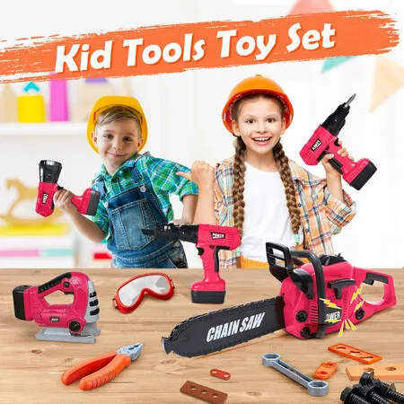 5 in 1 Kids Tool Set Toys Construction Kit Hardware Flashlight Electric Drill Chainsaw Reciprocating Saw Pretend Play Toddler Roleplay STEM Education