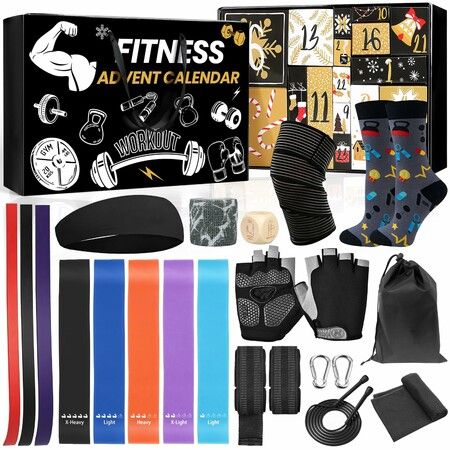 Fitness Gear Advent Calendar 2025,24 Days of Workout Essentials with Jump Rope,Resistance Bands,Gloves,Headbands & More – Christmas Countdown Gifts