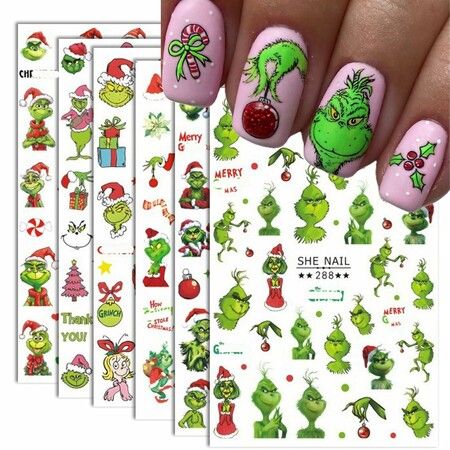 6 Sheets 3D Christmas Grinch Nail Art Stickers Self-Adhesive Cartoon Christmas Grinch Design Nail Decals Nail Stickers