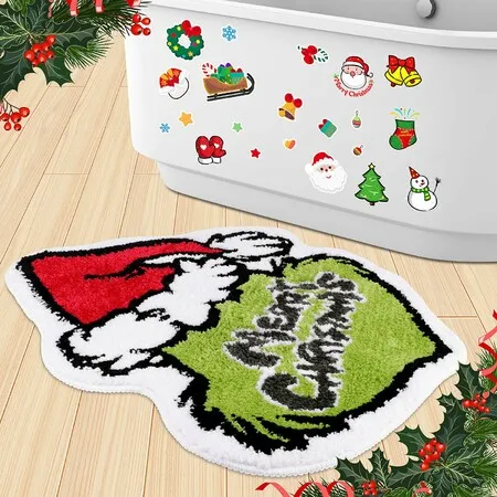 Christmas Bath Mat,Green Christmas Bathroom Rug Super Soft Absorbent Bath Rug, Non Slip Xmas Plush Bath Mat for Bathroom, Living Room-50*80cm