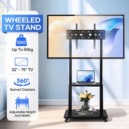 Mobile TV Stand Mount Bracket Floor Trolley 32-75 Inch LED LCD Screen Monitor Television Cart Media Storage Shelf Tray Adjustable Rolling Swivel Black