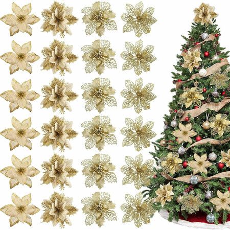 24 PCS Golden Flower Christmas Tree Decorations Ideal For Christmas Tree Decorations And Festive Events