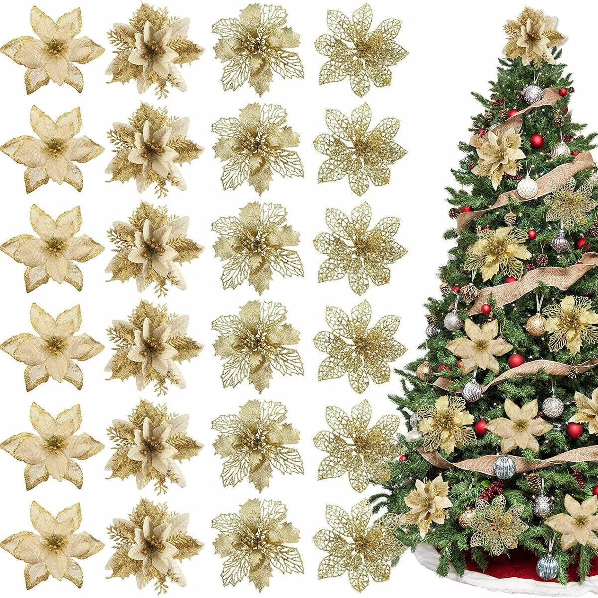 24 PCS Golden Flower Christmas Tree Decorations Ideal For Christmas Tree Decorations And Festive Events