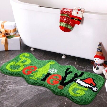 Believe Christmas Runner Rug Lime Green Red Bathroom Rug Indoor Christmas Decorations Washable Xmas Bath Mat for Bathroom Bedroom-60*90cm