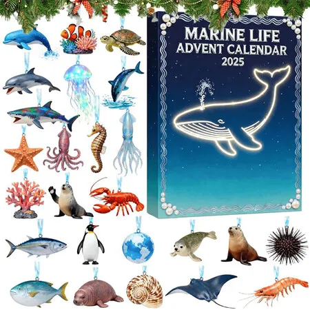 Marine Live Advent Calendar, Ocean Themed Holiday Countdown with 24 Adorable Sea Creature Decorations, Handmade Collectible Ornaments, Ocean Science Gift