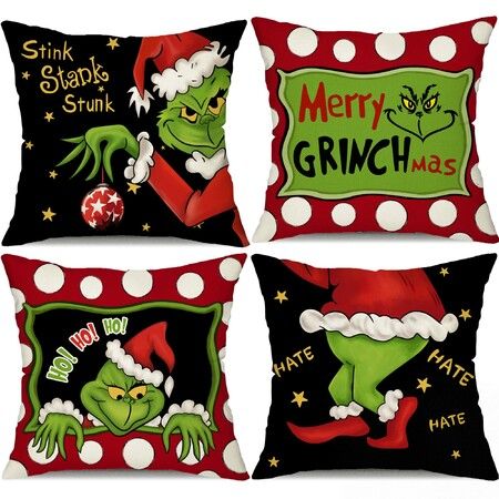 4pcs Christmas Grinch Decorative Throw Pillow Cover 45*45cm Merry Christmas Pillowcase Cushion Case Home Decoration