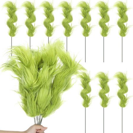 10PCS Grinch Green Furry Cuttings Curly Christmas Tree Branches Decoration Ideal For Christmas Vase Decorations And Festive Events