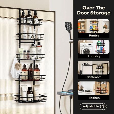 Over The Door Pantry Organiser Hanging Spice Storage Rack Shower Caddy Shelves Holder Kitchen Bathroom Adjustable Basket Metal Shelving Hooks 5 Tiers