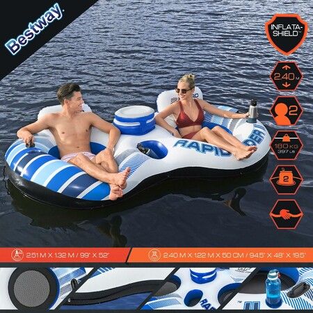 Bestway Floating Island Pool Float Tubes 2 Man River Tube Water Raft Inflatable Watersport Rapid Rider Double Innertube Lake Lounger with Cooler