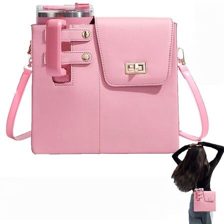 Portable Outdoor Water Cup Storage Crossbody Bag with Water Bottle Holder,Water Bottle Crossbody Bag,Purse For Women Color Pink