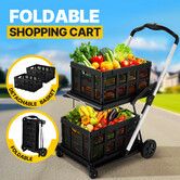 Folding Trolley Hand Truck Dolly Luggage Shopping Utility Cart Collapsible Foldable 2 Baskets for Office Moving Grocery Tennis Ball Camping 4 Wheels