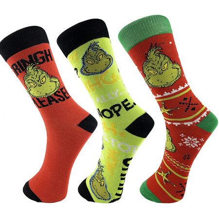 3 Piece Set Cartoon Grinch Trendy Socks Christmas Gift Ideal For Holiday Wear And Festive Events