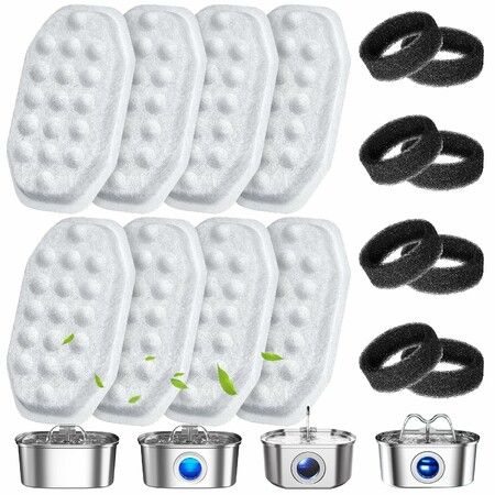 8 Pack Cat Water Fountain Filters Replacement with 8 Pack Pre-Filter Sponges Set for 3.2L/108oz Stainless Steel Water Fountain