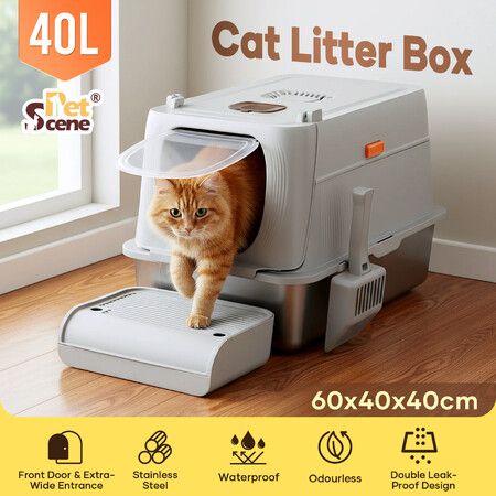 Cat Litter Box Large Hooded Enclosed Toilet Kitten Pet Furniture Kitty Potty Training Scoop Covered High Sided Stainless Steel Pan Modular Tray 40L XL