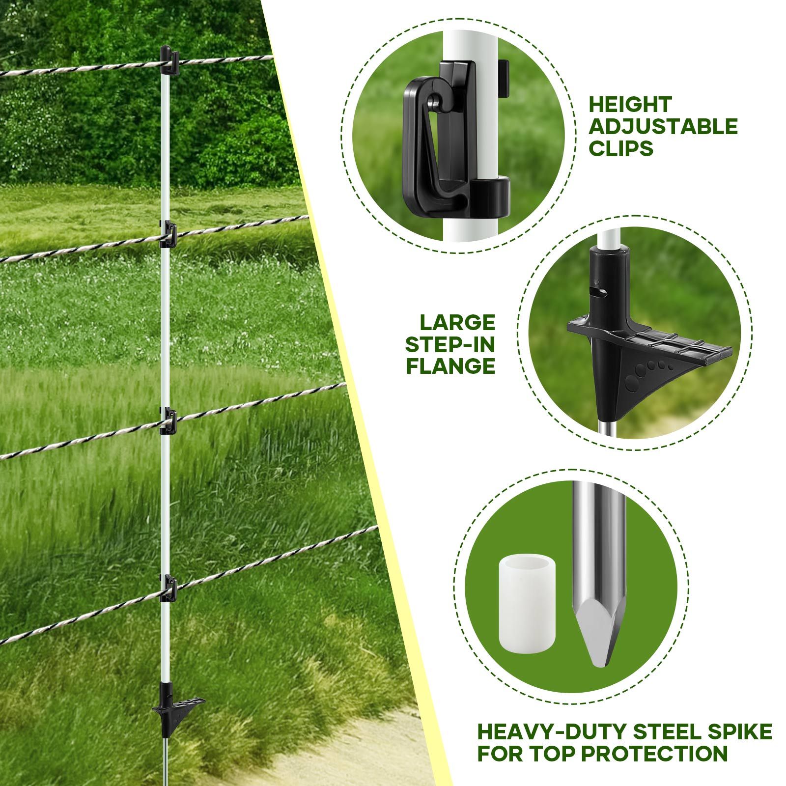 Electric Fence Post 20pcs Tread Step In Wire Temporary Fencing Garden Farm Livestock Cattle Sheep Insulators Poles Pigtail Fibreglass Adjustable Graze