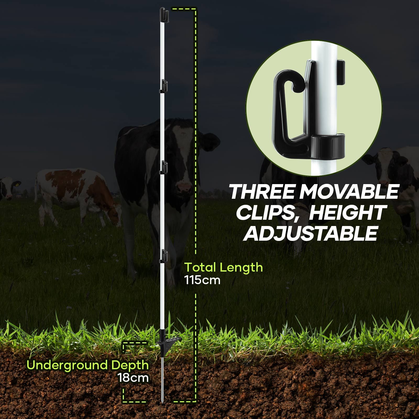 Electric Fence Post 20pcs Tread Step In Wire Temporary Fencing Garden Farm Livestock Cattle Sheep Insulators Poles Pigtail Fibreglass Adjustable Graze