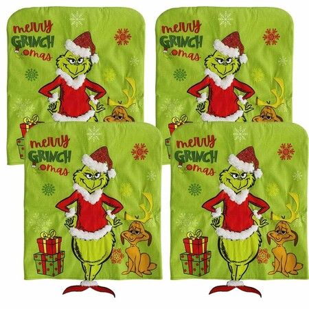 4PCS Grinch Christmas Chair Covers,Xmas Decoration Green Hat Dining Chair Slipcovers Christmas Chair Back Covers Xmas Kitchen