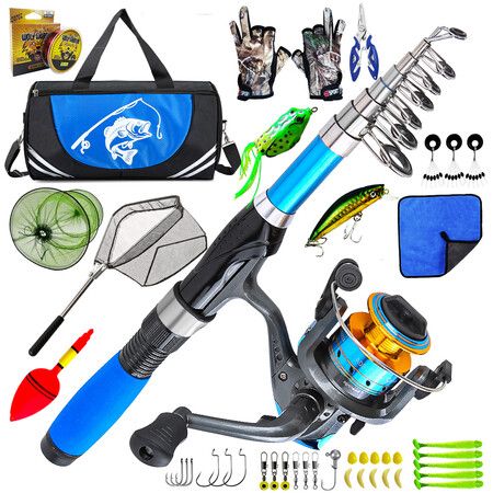 1.7M Telescopic Fishing Rod and Spinning Reel Combo,Fishing Tackle Kit with Gloves Lures,Hooks,Line,Carrier Bag For Saltwater and Freshwater Fishing