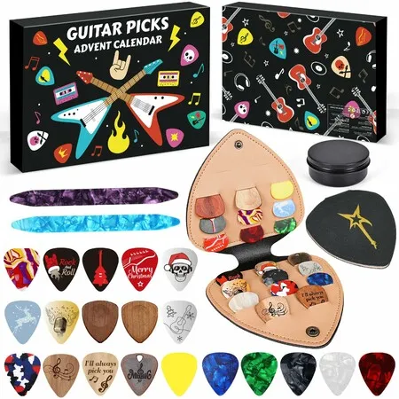 Guitar Picks Advent Calendar 2025,24-Day Countdown with 20 Celluloid & Wood Picks in Multiple Gauges,2 Oud Picks,Pick Holder & Metal Tin Case