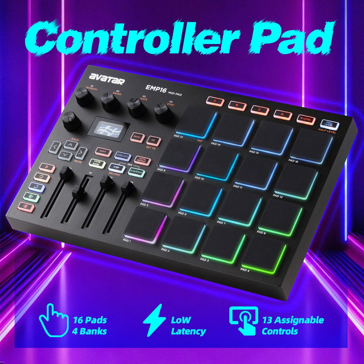 USB MIDI Controller Pad Pro Beat Maker Machine 16 RGB MPC Drum Pads Bluetooth Music Software Production 4 Assignable Knobs Faders Full Half Level OLED