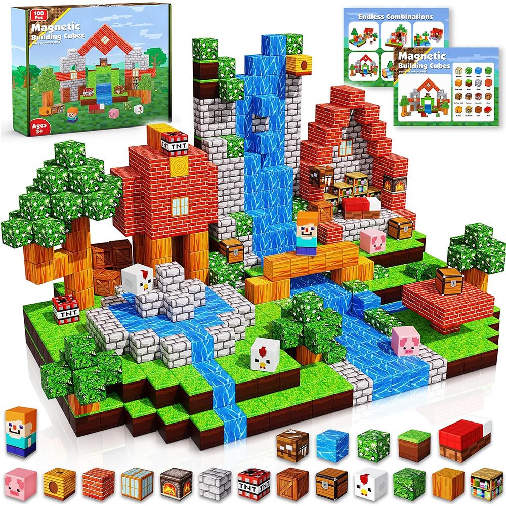 100PCS Magnetic Building Blocks Magnet Cubes Stacking Construction Set, STEM Montessori Sensory Toys for Boys Girls Christmas Birthday Gifts