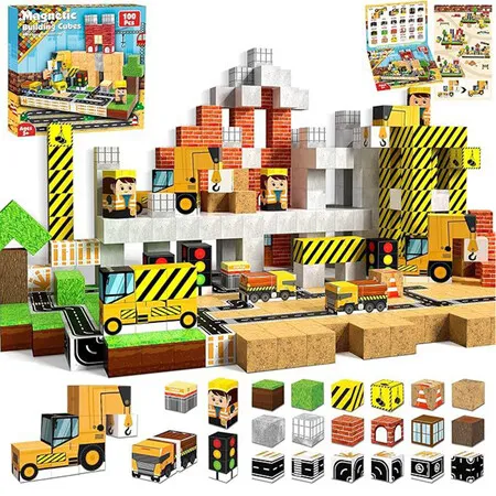 100PCS Magnetic Building Blocks Magnet Cubes Stacking Construction Set, STEM Montessori Sensory Toys for Boys Girls Christmas Birthday Gifts