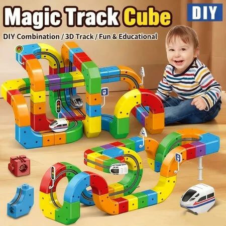Rail Train Set 3D Embedded Race Track Gravity Defying Motorized Car Rail Cube DIY Montessori Sensory Building Toy 123 Pcs STEM Christmas Birthday Gift