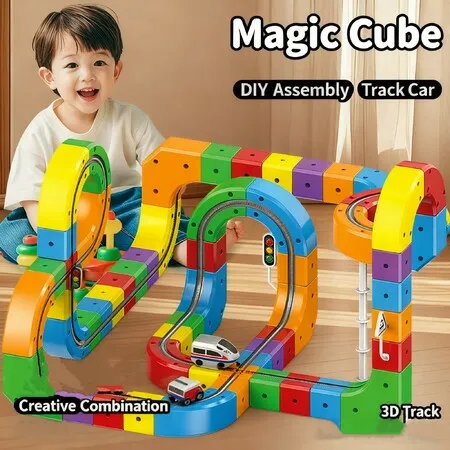 Rail Train Set 3D Embedded Race Track Gravity Defying Motorized Car Rail Cube DIY Montessori Sensory Building Toy 81 Pcs STEM Christmas Birthday Gift