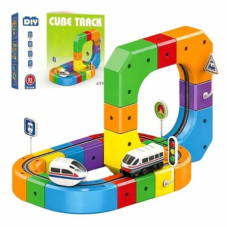 Rail Train Set 3D Embedded Race Track Gravity Defying Motorized Car Rail Cube DIY Montessori Sensory Building Toy 51 Pcs STEM Christmas Birthday Gift