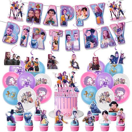 K-Pop Demon Hunters Decor,Witch Hunters Birthday Theme Party Decoration Banner Pull Flag Cake Flag Balloon  Set