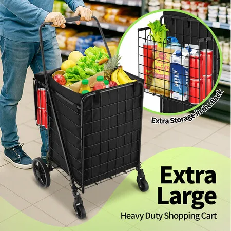 Folding Shopping Cart Trolley Portable Grocery Bag Storage Basket Waterproof Wheeled Rolling Market Utility Granny Camping Dolly Steel Foldable 40kg