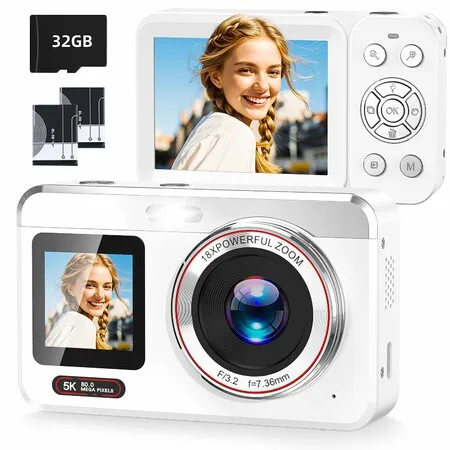 Digital Camera,5K Vlogging Camera for Photography,80MP Dual Screen Point and Shoot Digital Camera with Auto Focus,18X Zoom,2 Batteries,32GB Card (White)