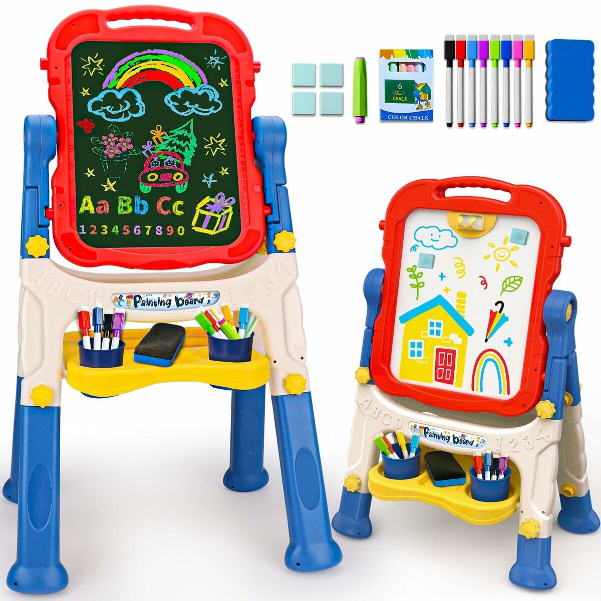 Kids Easel for Age 3+ Art White Board & Chalkboard Double Side Adjustable Stand Drawing Writing Learning Educational Toy