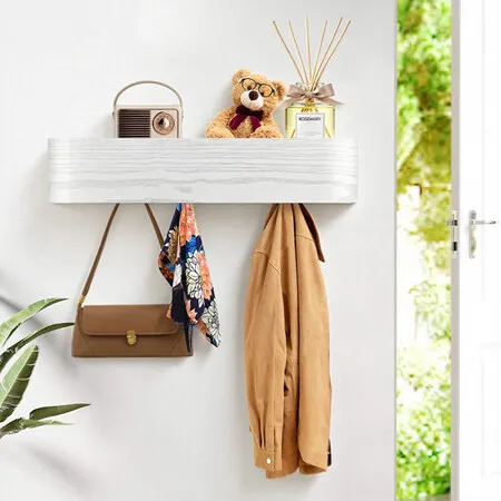 Wall Mounted Coat Rack 5 Hooks Clothes Hanger Hat Jacket Towel Key Holder Organiser Wooden Storage Shelf Hallway Entryway Bathroom Kids Bedroom 52.7cm